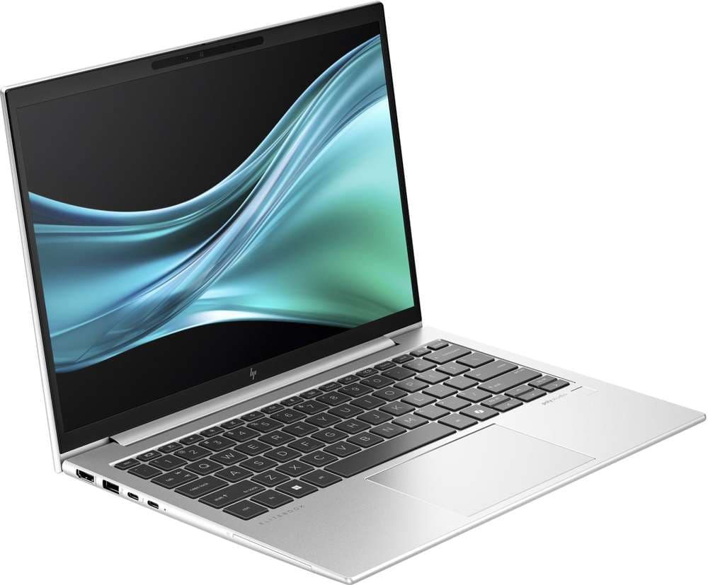 Slim silver 14 inch business laptop, open at an angle